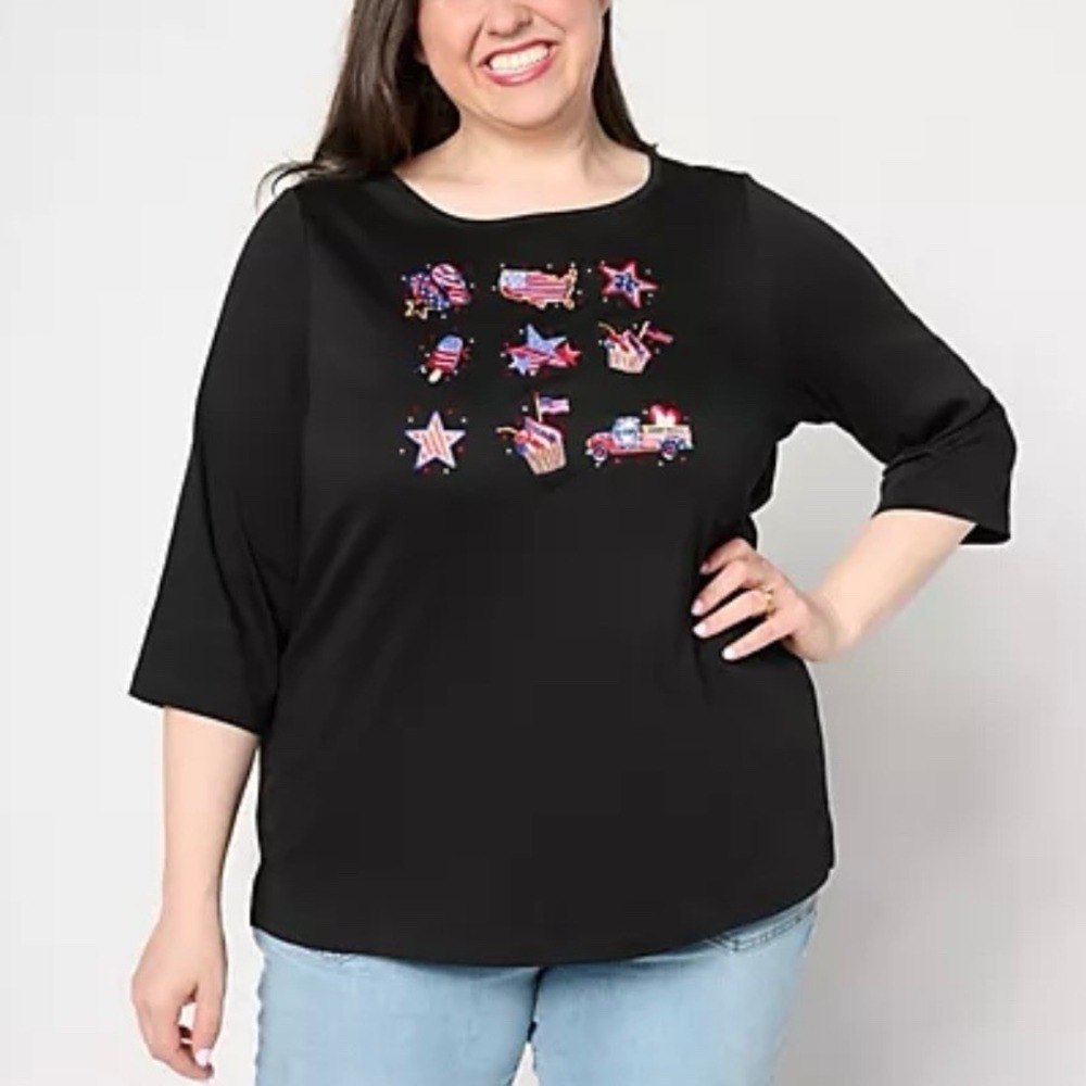 NWT Quacker Factory Americana Flag Patriotic 3/4 Sleeve Boatneck Top Size SMALL